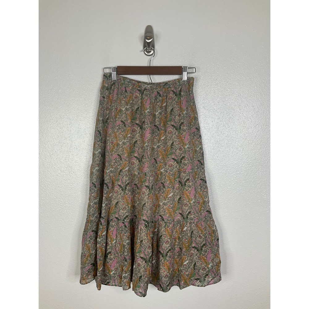 Ba&sh Juli Tiered Midi Skirt Ecru Pink Green Leaf Print Boho Cotton Blend Sz 0